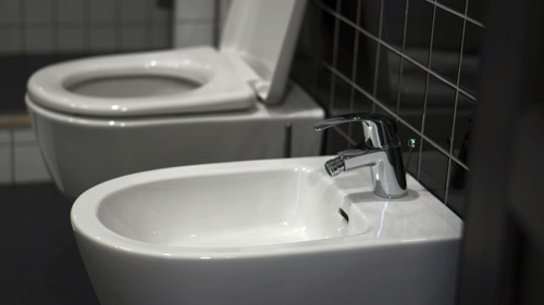 Bidet on a black-tiled bathroom floor